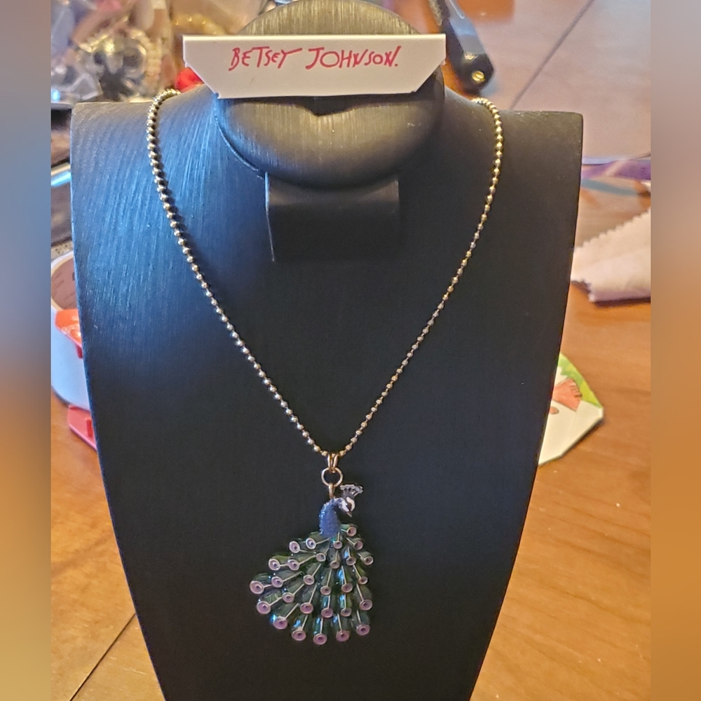 Betsey Johnson Antique Gold Leaf, Pearl and Enamel Peacock Necklace